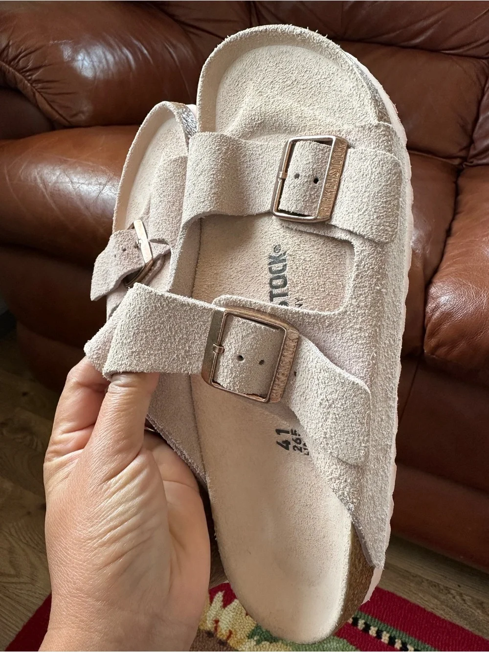 Birkenstock Arizona Suede Two-Strap Sandals in Beige